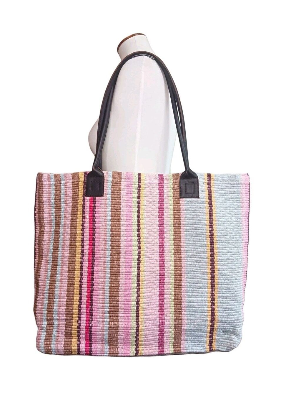 Dash & Albert Handwoven Rug Tote Shoulder Bag Striped Brown Pink Blue Boho Beach